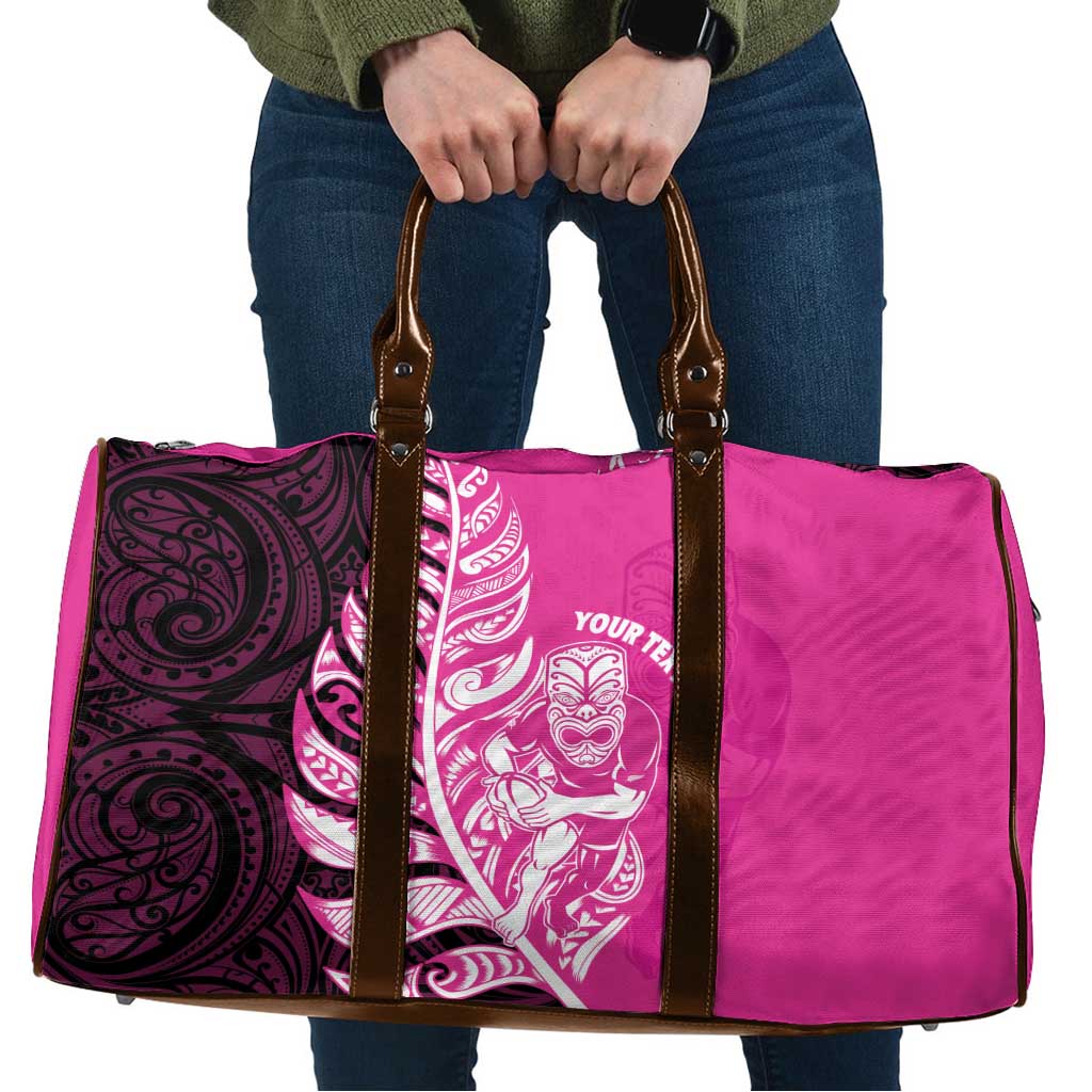 New Zealand Silver Fern Rugby Custom Travel Bag All Black Maori Pattern Pink - Polynesian Pride