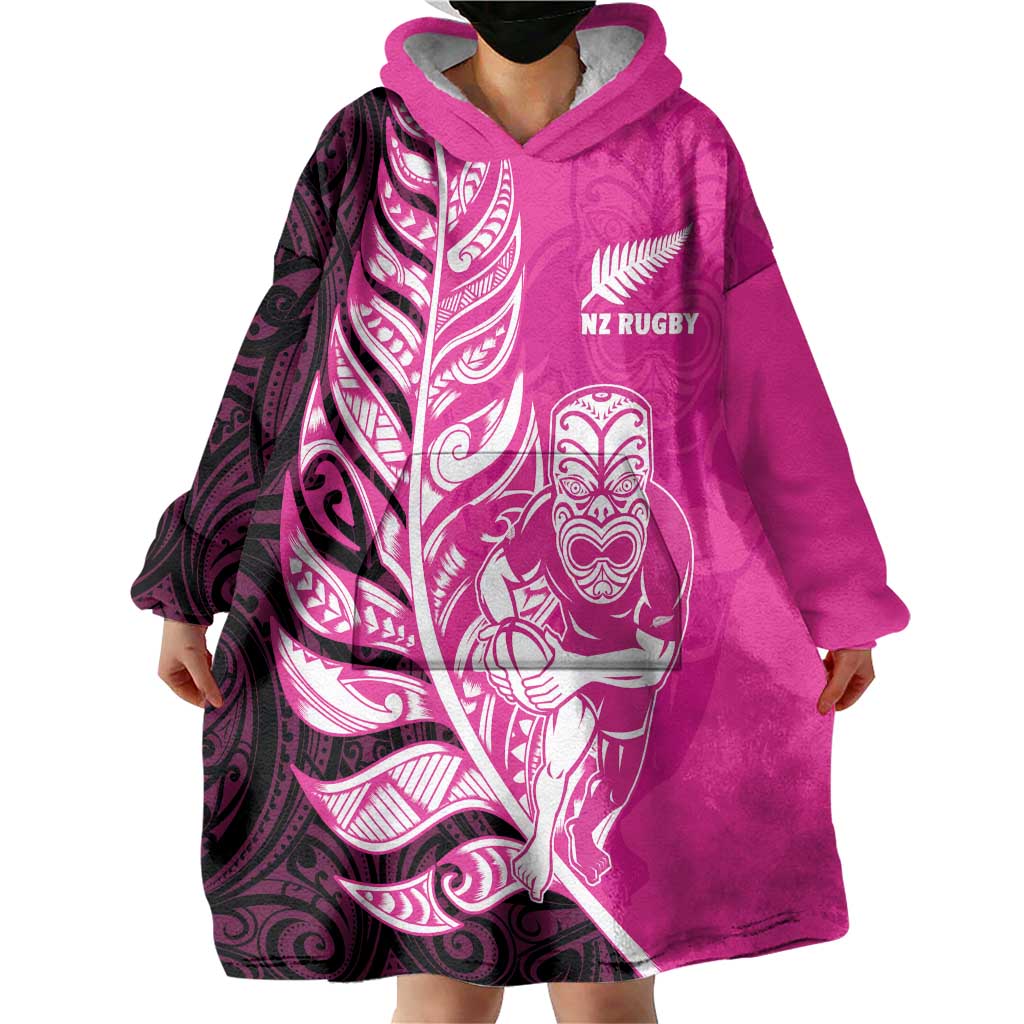 New Zealand Silver Fern Rugby Custom Wearable Blanket Hoodie All Black Maori Pattern Pink LT14 - Polynesian Pride