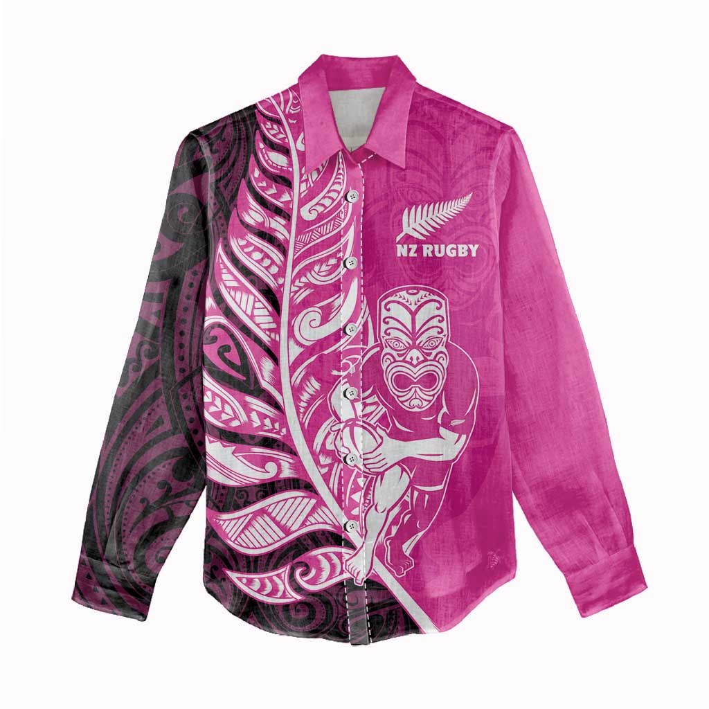 New Zealand Silver Fern Rugby Custom Women Casual Shirt All Black Maori Pattern Pink - Polynesian Pride