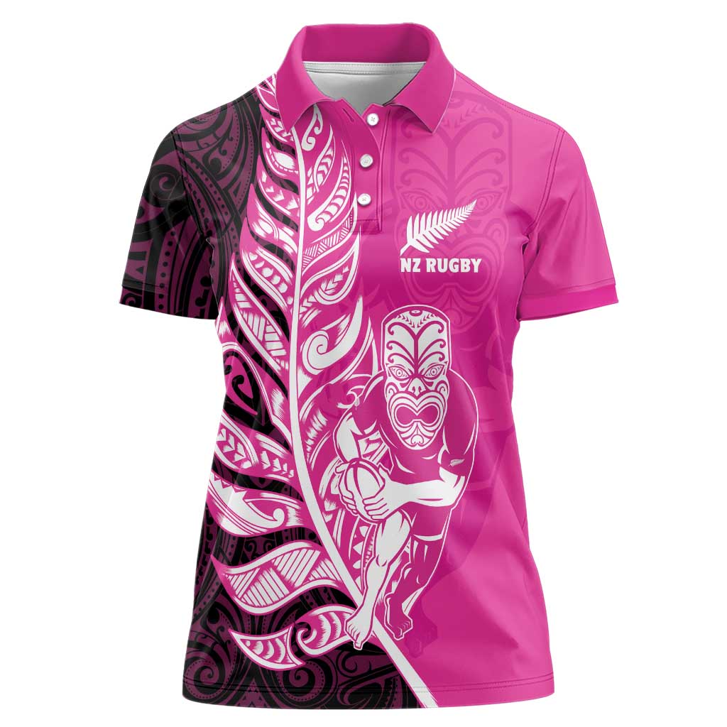 New Zealand Silver Fern Rugby Custom Women Polo Shirt All Black Maori Pattern Pink - Polynesian Pride