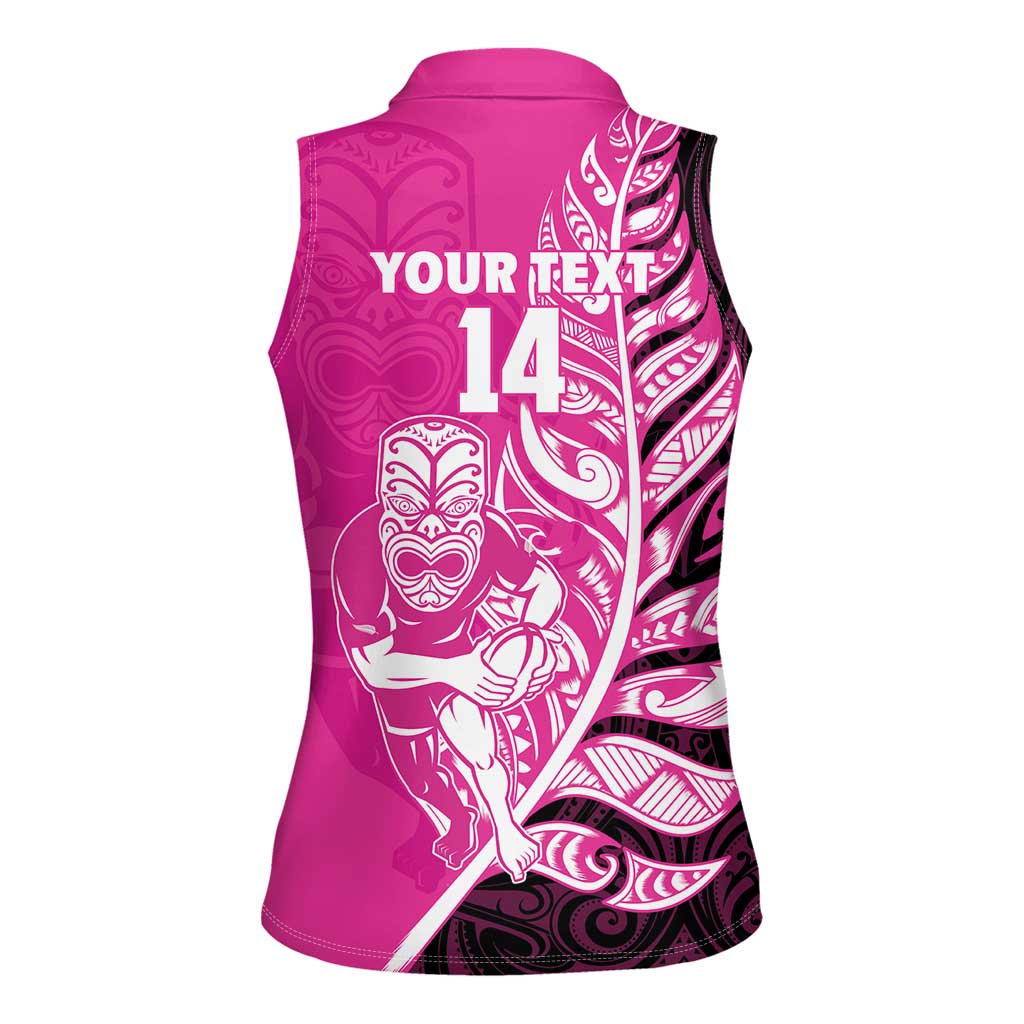 New Zealand Silver Fern Rugby Custom Women Sleeveless Polo Shirt All Black Maori Pattern Pink LT14 - Polynesian Pride