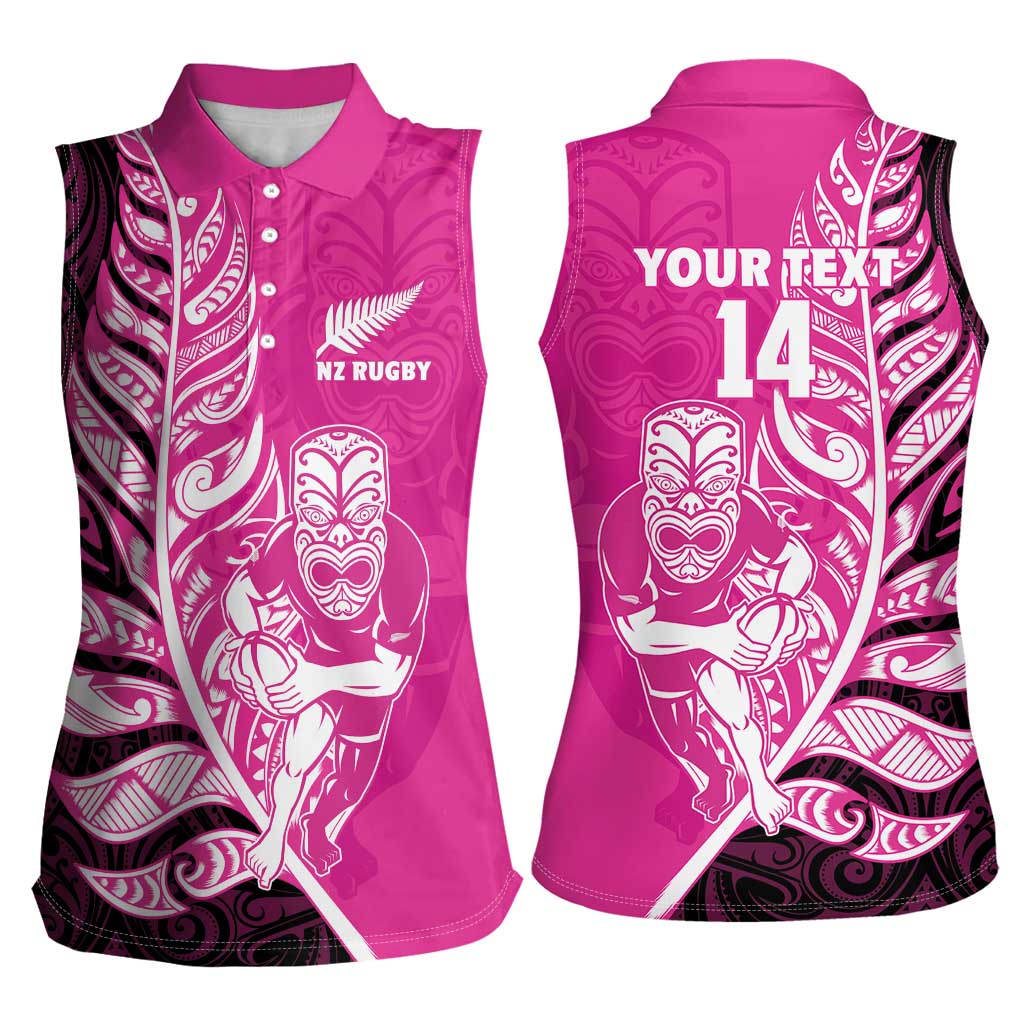 New Zealand Silver Fern Rugby Custom Women Sleeveless Polo Shirt All Black Maori Pattern Pink LT14 - Polynesian Pride
