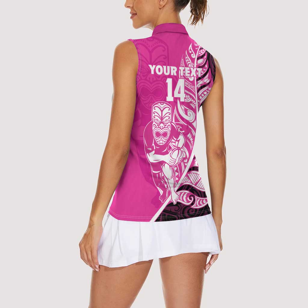 New Zealand Silver Fern Rugby Custom Women Sleeveless Polo Shirt All Black Maori Pattern Pink LT14 - Polynesian Pride