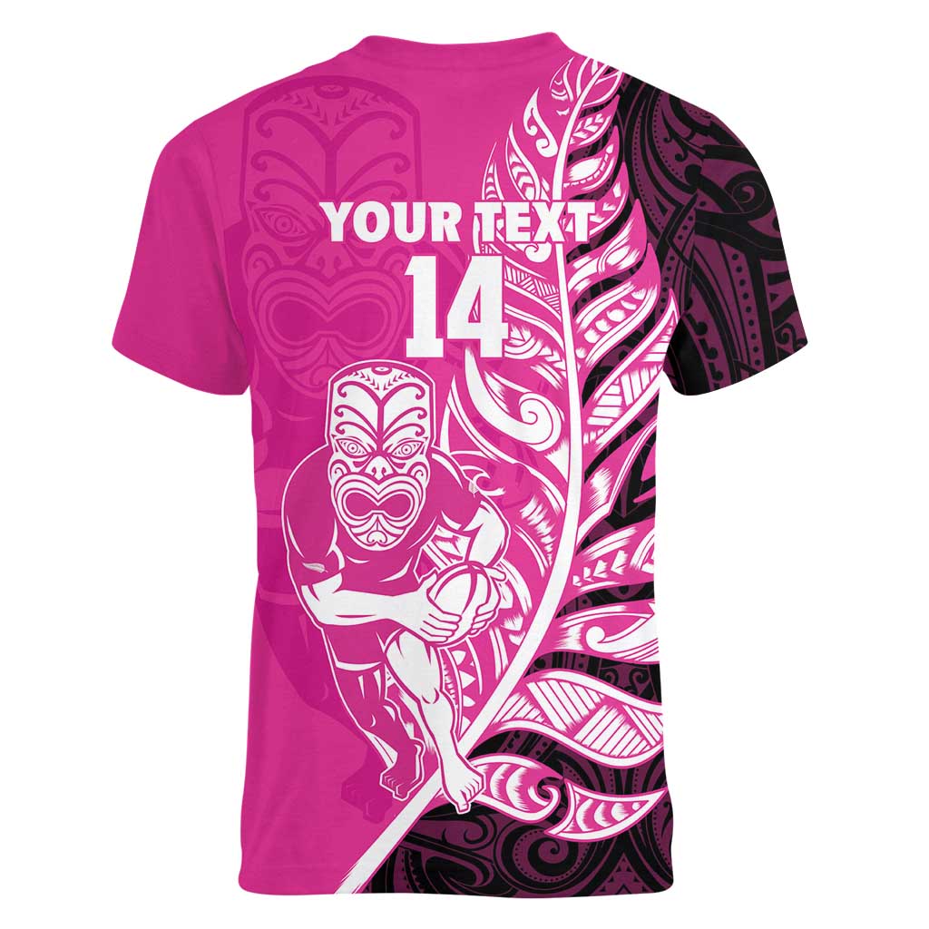 New Zealand Silver Fern Rugby Custom Women V-Neck T-Shirt All Black Maori Pattern Pink LT14 - Polynesian Pride
