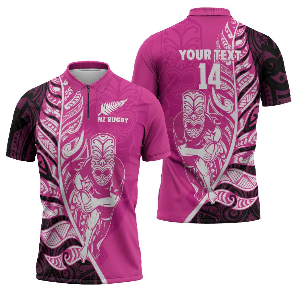 New Zealand Silver Fern Rugby Custom Zipper Polo Shirt All Black Maori Pattern Pink LT14 - Polynesian Pride