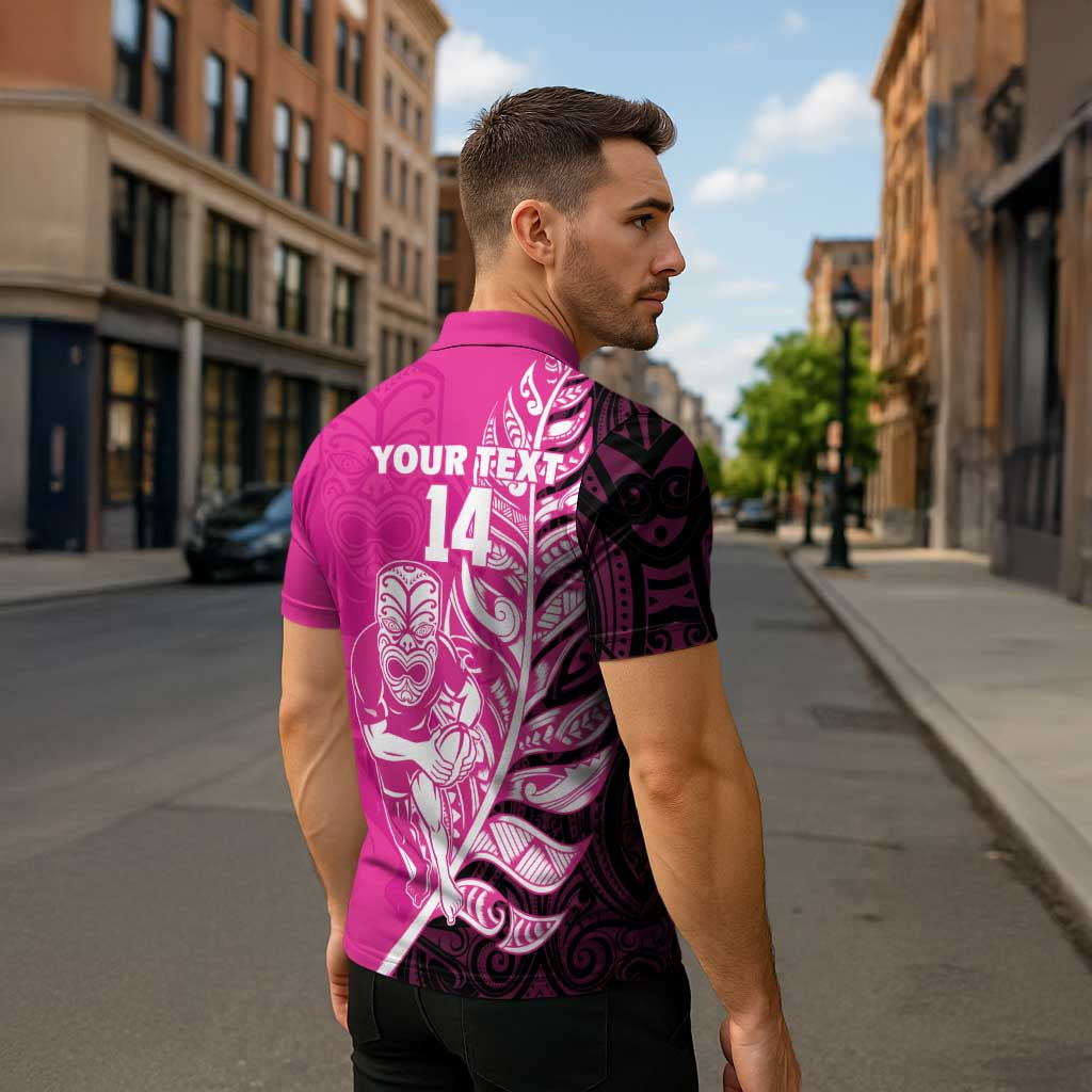 New Zealand Silver Fern Rugby Custom Zipper Polo Shirt All Black Maori Pattern Pink LT14 - Polynesian Pride