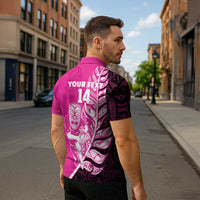 New Zealand Silver Fern Rugby Custom Zipper Polo Shirt All Black Maori Pattern Pink LT14 - Polynesian Pride