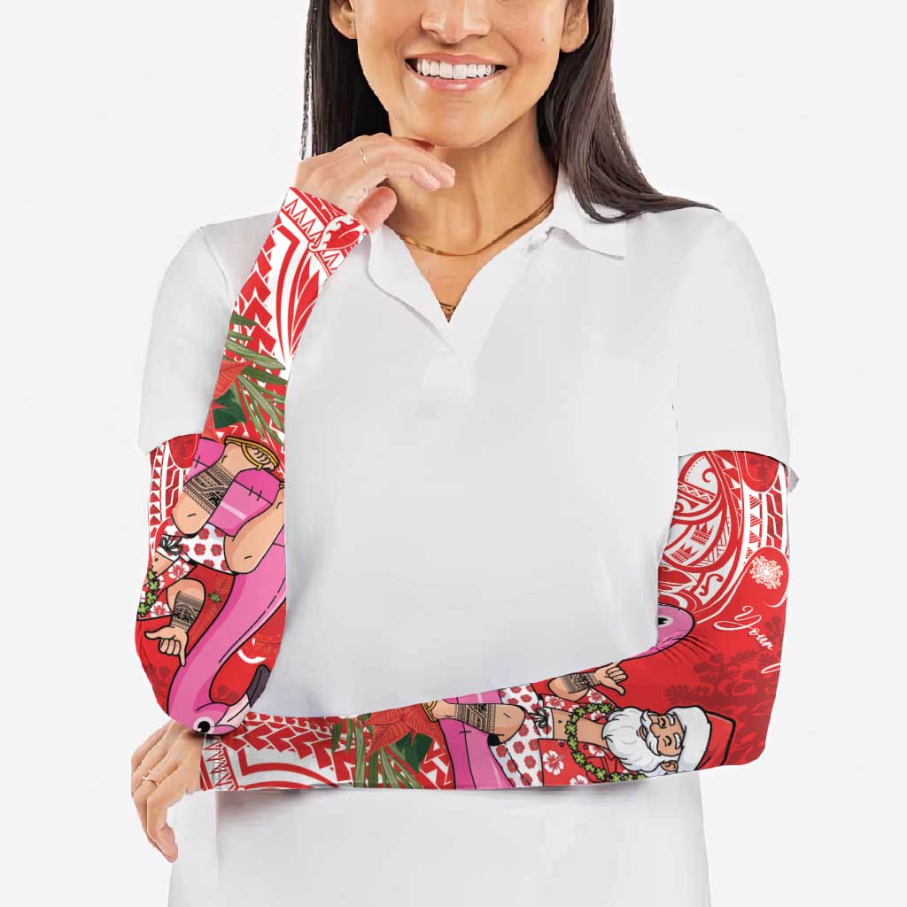 Personalized Hawaii Christmas Arm Sleeves Mele Kalikimaka Chilling Shaka Santa Flamingo - Polynesian Pride