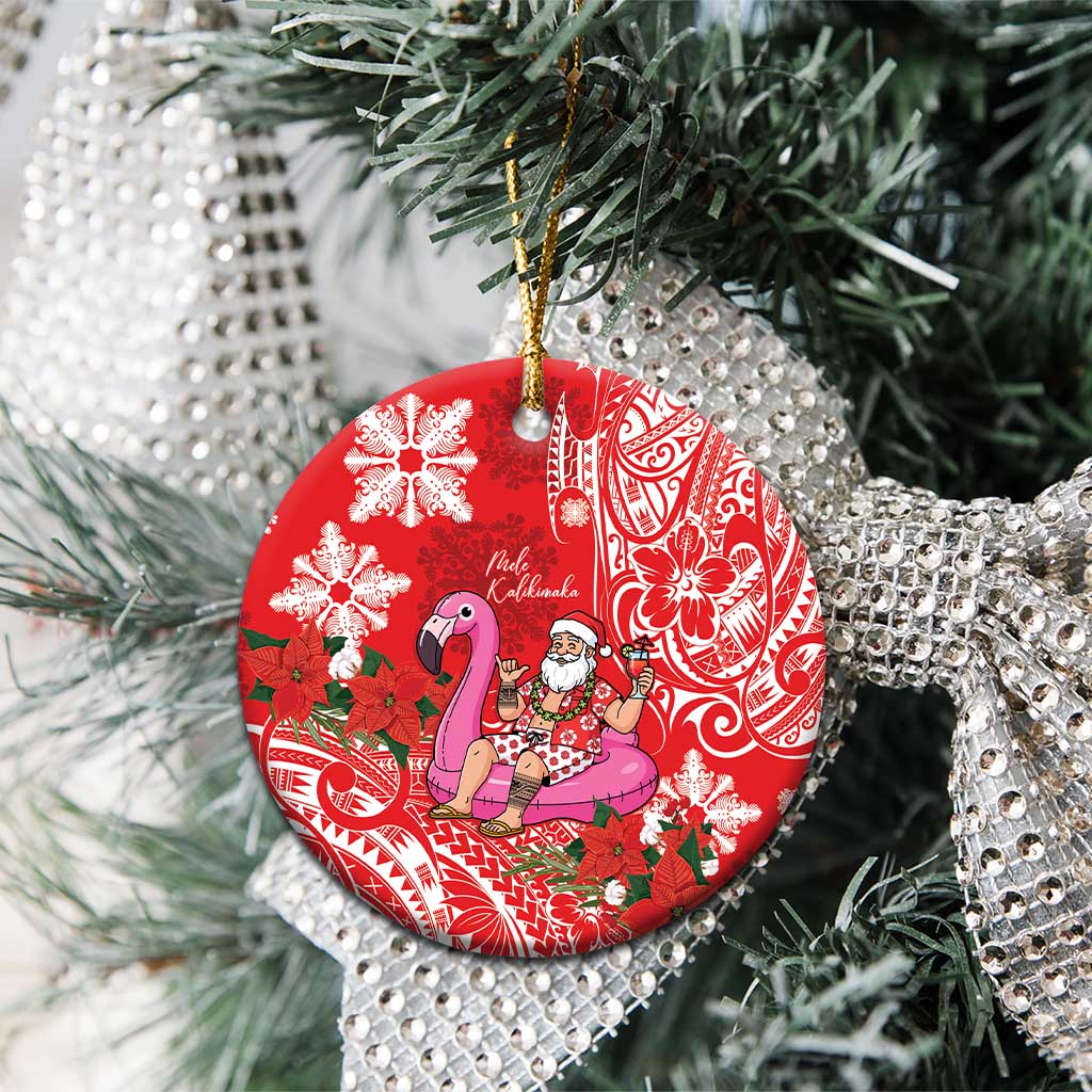 Personalized Hawaii Christmas Ceramic Ornament Mele Kalikimaka Chilling Shaka Santa Flamingo - Polynesian Pride