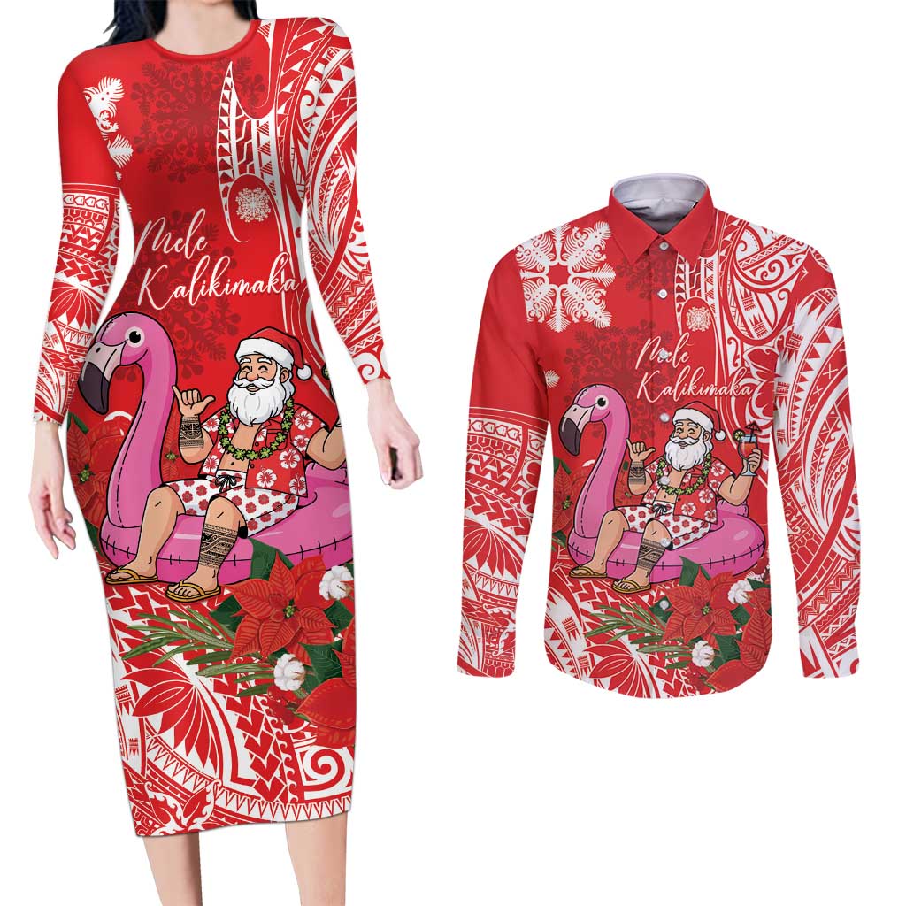 Personalized Hawaii Christmas Couples Matching Long Sleeve Bodycon Dress and Long Sleeve Button Shirt Mele Kalikimaka Chilling Shaka Santa Flamingo LT14 Red - Polynesian Pride