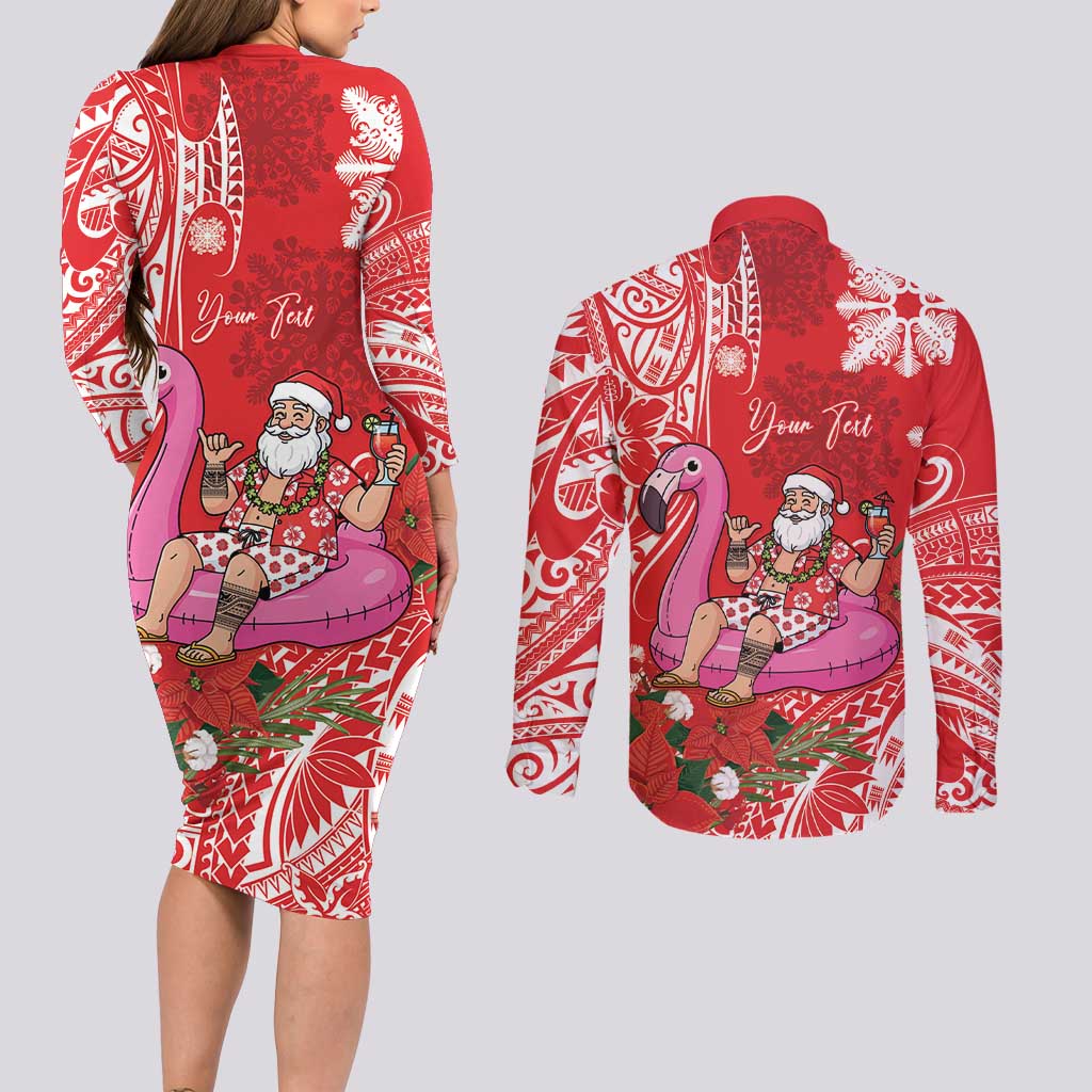 Personalized Hawaii Christmas Couples Matching Long Sleeve Bodycon Dress and Long Sleeve Button Shirt Mele Kalikimaka Chilling Shaka Santa Flamingo LT14 - Polynesian Pride
