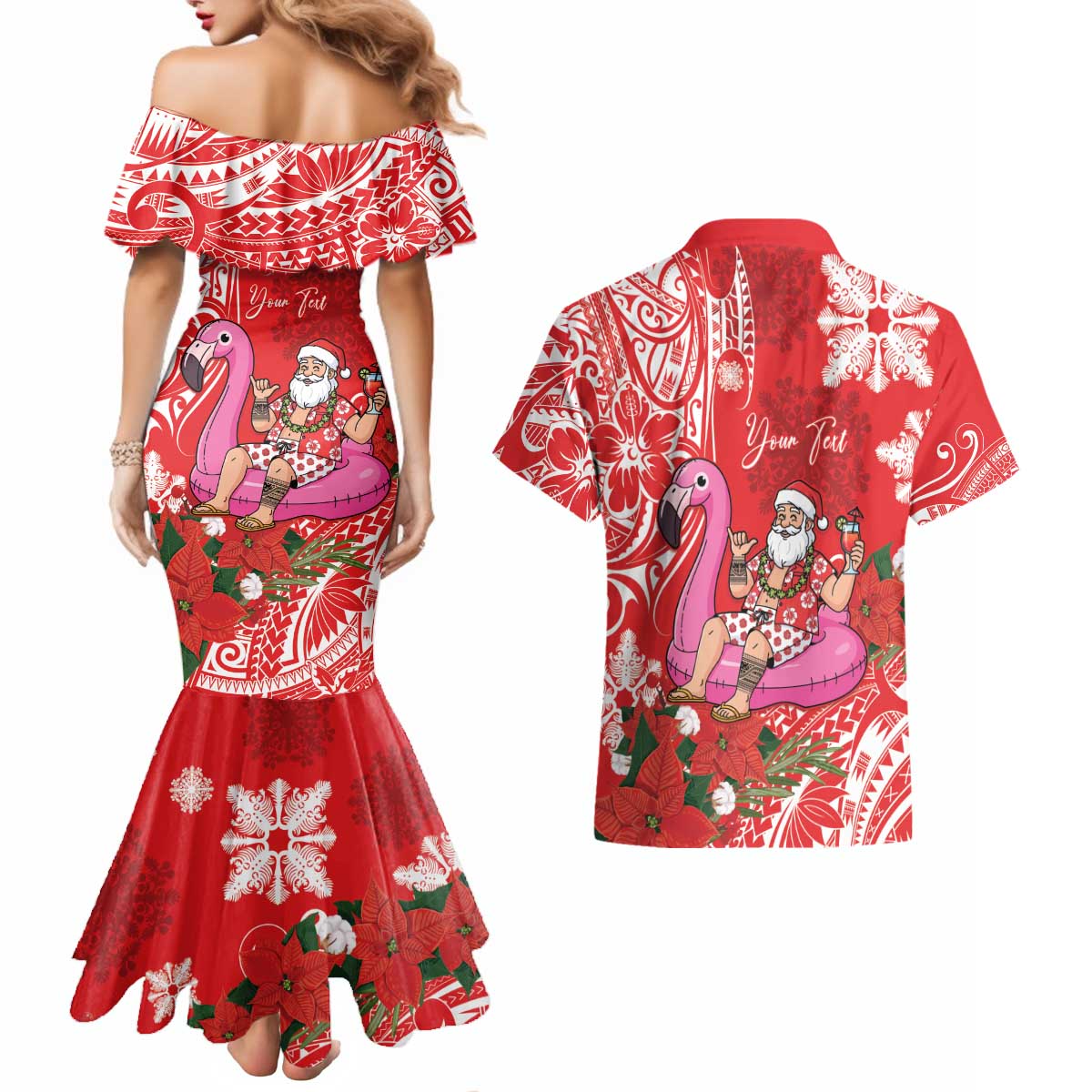 Personalized Hawaii Christmas Couples Matching Mermaid Dress and Hawaiian Shirt Mele Kalikimaka Chilling Shaka Santa Flamingo LT14 - Polynesian Pride