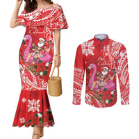 Personalized Hawaii Christmas Couples Matching Mermaid Dress and Long Sleeve Button Shirt Mele Kalikimaka Chilling Shaka Santa Flamingo LT14 Red - Polynesian Pride