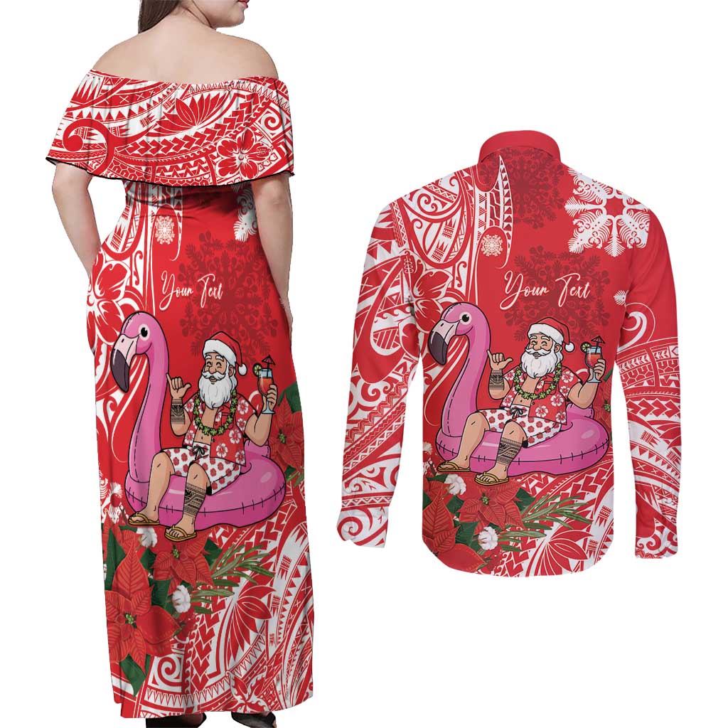 Personalized Hawaii Christmas Couples Matching Off Shoulder Maxi Dress and Long Sleeve Button Shirt Mele Kalikimaka Chilling Shaka Santa Flamingo LT14 - Polynesian Pride