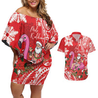 Personalized Hawaii Christmas Couples Matching Off Shoulder Short Dress and Hawaiian Shirt Mele Kalikimaka Chilling Shaka Santa Flamingo LT14 Red - Polynesian Pride