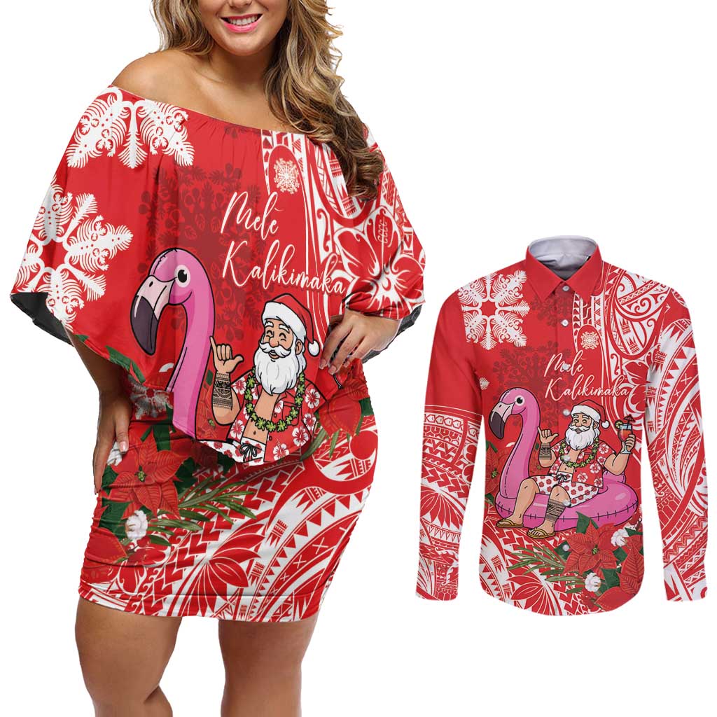 Personalized Hawaii Christmas Couples Matching Off Shoulder Short Dress and Long Sleeve Button Shirt Mele Kalikimaka Chilling Shaka Santa Flamingo LT14 Red - Polynesian Pride