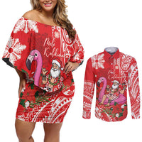 Personalized Hawaii Christmas Couples Matching Off Shoulder Short Dress and Long Sleeve Button Shirt Mele Kalikimaka Chilling Shaka Santa Flamingo LT14 Red - Polynesian Pride