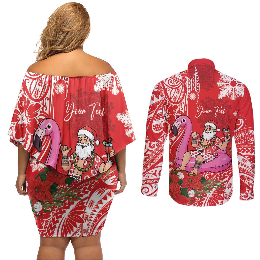 Personalized Hawaii Christmas Couples Matching Off Shoulder Short Dress and Long Sleeve Button Shirt Mele Kalikimaka Chilling Shaka Santa Flamingo LT14 - Polynesian Pride