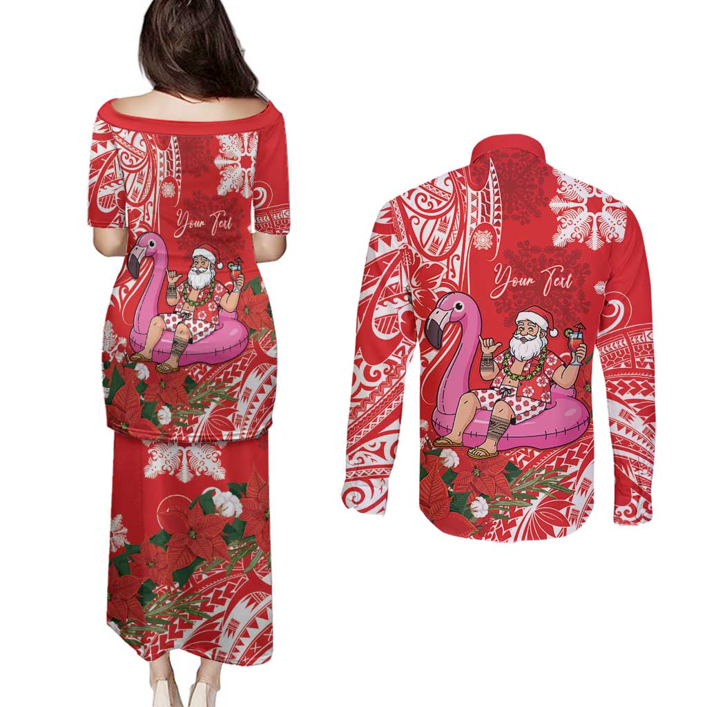 Personalized Hawaii Christmas Couples Matching Puletasi and Long Sleeve Button Shirt Mele Kalikimaka Chilling Shaka Santa Flamingo LT14 - Polynesian Pride