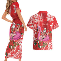 Personalized Hawaii Christmas Couples Matching Short Sleeve Bodycon Dress and Hawaiian Shirt Mele Kalikimaka Chilling Shaka Santa Flamingo LT14 - Polynesian Pride