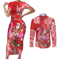 Personalized Hawaii Christmas Couples Matching Short Sleeve Bodycon Dress and Long Sleeve Button Shirt Mele Kalikimaka Chilling Shaka Santa Flamingo LT14 Red - Polynesian Pride