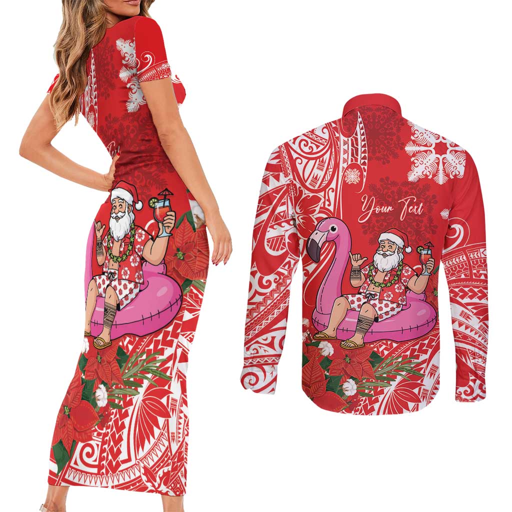 Personalized Hawaii Christmas Couples Matching Short Sleeve Bodycon Dress and Long Sleeve Button Shirt Mele Kalikimaka Chilling Shaka Santa Flamingo LT14 - Polynesian Pride