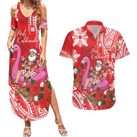 Personalized Hawaii Christmas Couples Matching Summer Maxi Dress and Hawaiian Shirt Mele Kalikimaka Chilling Shaka Santa Flamingo LT14 Red - Polynesian Pride