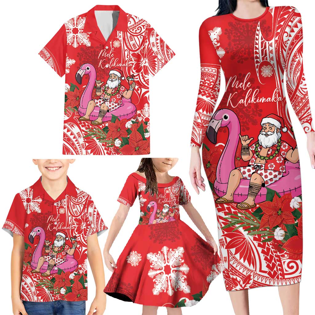 Personalized Hawaii Christmas Family Matching Long Sleeve Bodycon Dress and Hawaiian Shirt Mele Kalikimaka Chilling Shaka Santa Flamingo LT14 - Polynesian Pride