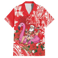 Personalized Hawaii Christmas Family Matching Long Sleeve Bodycon Dress and Hawaiian Shirt Mele Kalikimaka Chilling Shaka Santa Flamingo LT14 Dad's Shirt - Short Sleeve Red - Polynesian Pride
