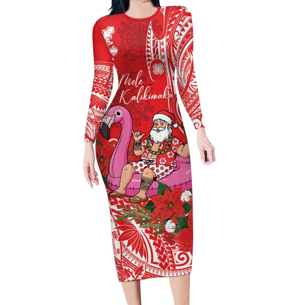 Personalized Hawaii Christmas Family Matching Long Sleeve Bodycon Dress and Hawaiian Shirt Mele Kalikimaka Chilling Shaka Santa Flamingo LT14 Mom's Dress Red - Polynesian Pride