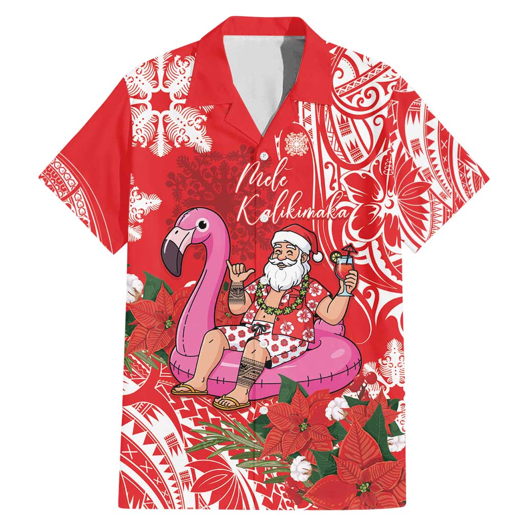 Personalized Hawaii Christmas Family Matching Mermaid Dress and Hawaiian Shirt Mele Kalikimaka Chilling Shaka Santa Flamingo LT14 Dad's Shirt - Short Sleeve Red - Polynesian Pride