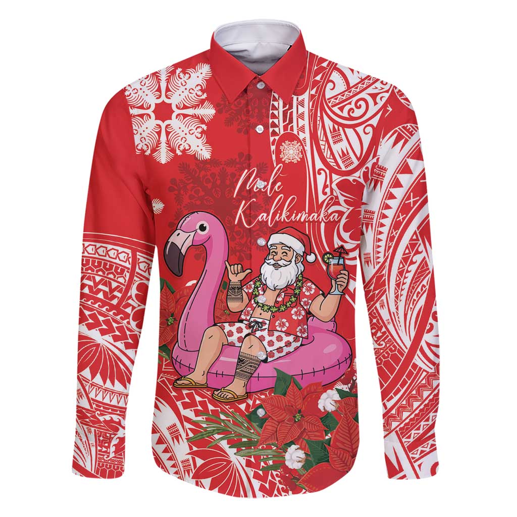 Personalized Hawaii Christmas Family Matching Mermaid Dress and Hawaiian Shirt Mele Kalikimaka Chilling Shaka Santa Flamingo LT14 Dad's Shirt - Long Sleeve Red - Polynesian Pride