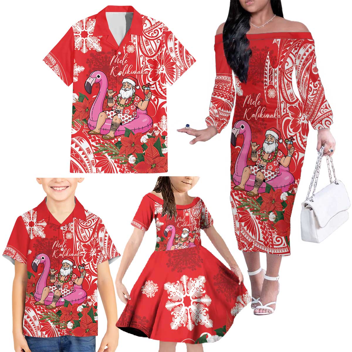 Personalized Hawaii Christmas Family Matching Off The Shoulder Long Sleeve Dress and Hawaiian Shirt Mele Kalikimaka Chilling Shaka Santa Flamingo LT14 - Polynesian Pride