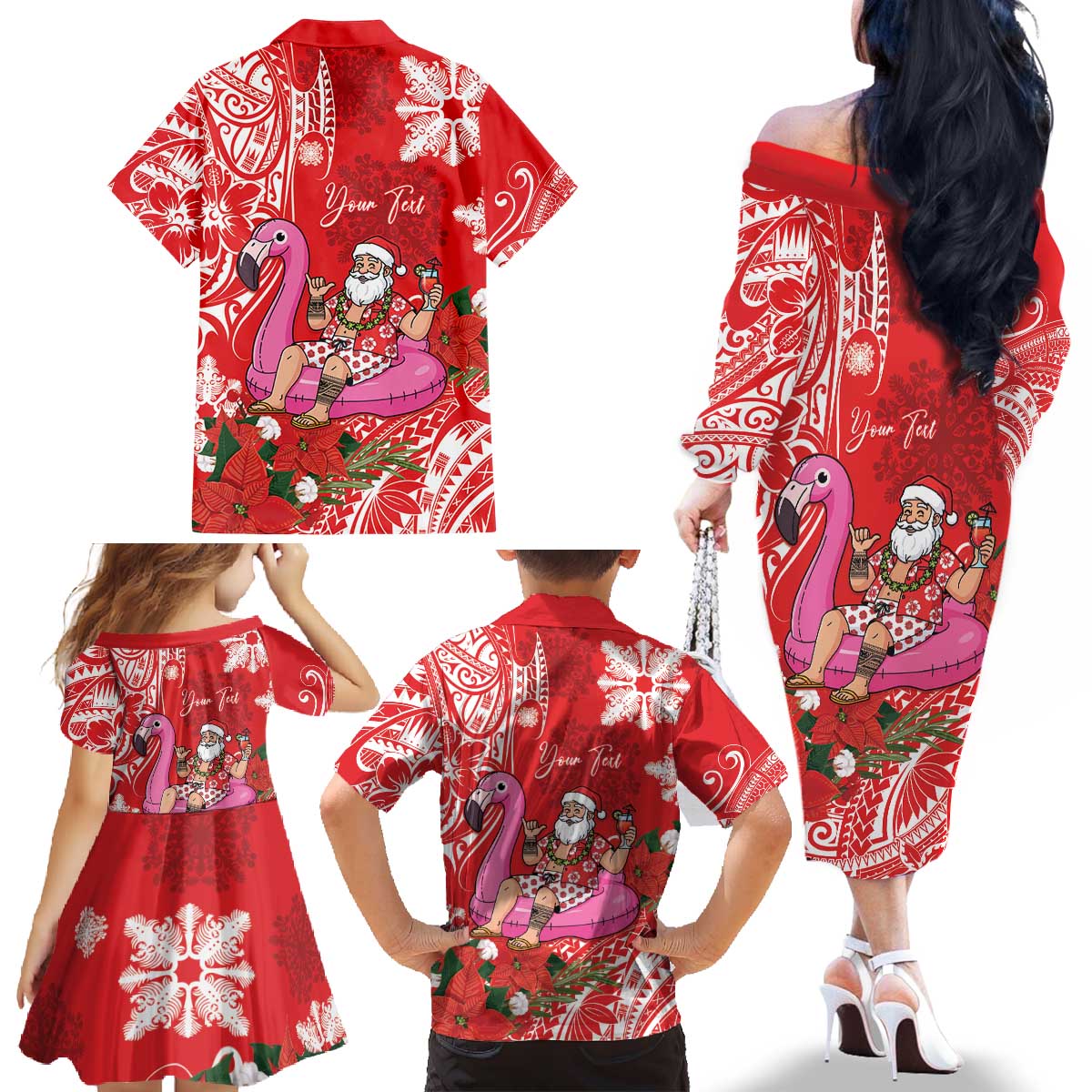 Personalized Hawaii Christmas Family Matching Off The Shoulder Long Sleeve Dress and Hawaiian Shirt Mele Kalikimaka Chilling Shaka Santa Flamingo LT14 - Polynesian Pride