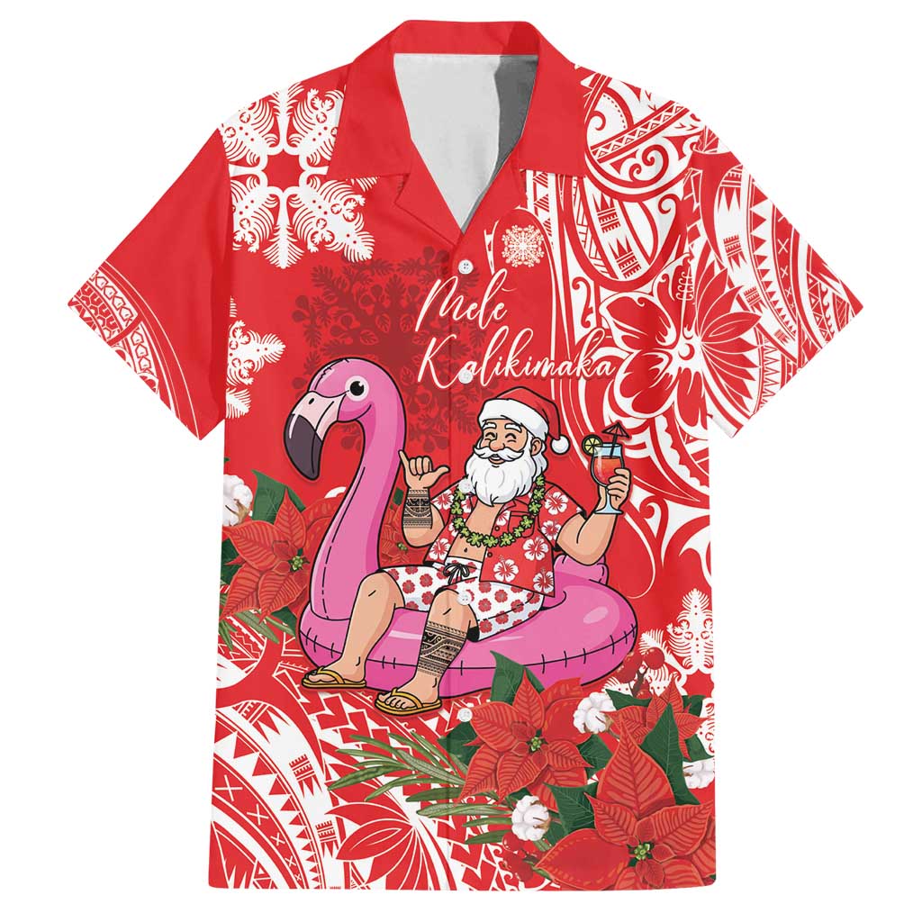 Personalized Hawaii Christmas Family Matching Off Shoulder Maxi Dress and Hawaiian Shirt Mele Kalikimaka Chilling Shaka Santa Flamingo LT14 Dad's Shirt - Short Sleeve Red - Polynesian Pride
