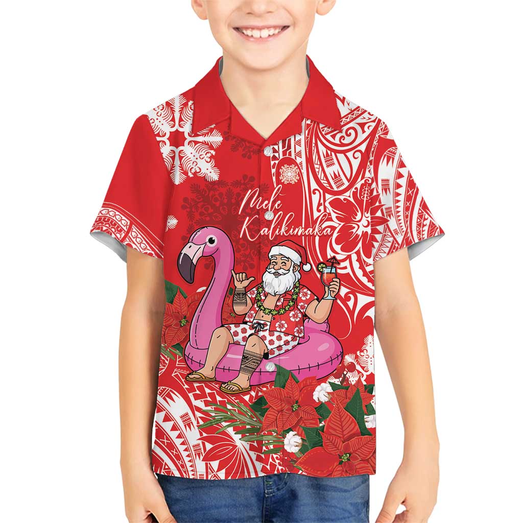 Personalized Hawaii Christmas Family Matching Off Shoulder Short Dress and Hawaiian Shirt Mele Kalikimaka Chilling Shaka Santa Flamingo LT14 Son's Shirt Red - Polynesian Pride