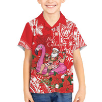 Personalized Hawaii Christmas Family Matching Puletasi and Hawaiian Shirt Mele Kalikimaka Chilling Shaka Santa Flamingo LT14 Son's Shirt Red - Polynesian Pride