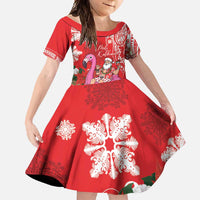Personalized Hawaii Christmas Family Matching Short Sleeve Bodycon Dress and Hawaiian Shirt Mele Kalikimaka Chilling Shaka Santa Flamingo LT14 Daughter's Dress Red - Polynesian Pride