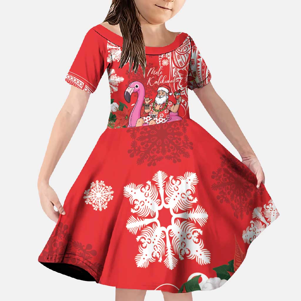 Personalized Hawaii Christmas Family Matching Summer Maxi Dress and Hawaiian Shirt Mele Kalikimaka Chilling Shaka Santa Flamingo LT14 Daughter's Dress Red - Polynesian Pride