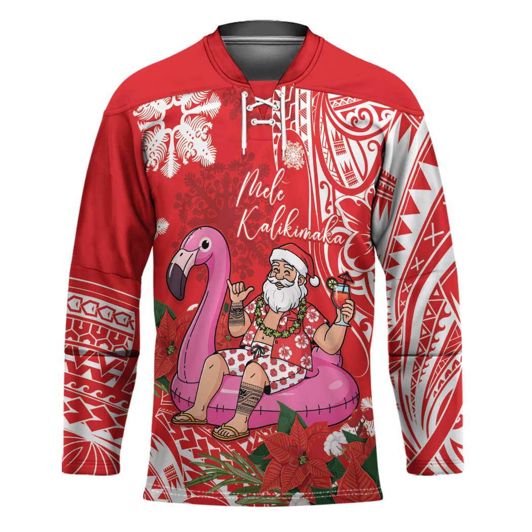 Personalized Hawaii Christmas Hockey Jersey Mele Kalikimaka Chilling Shaka Santa Flamingo - Polynesian Pride