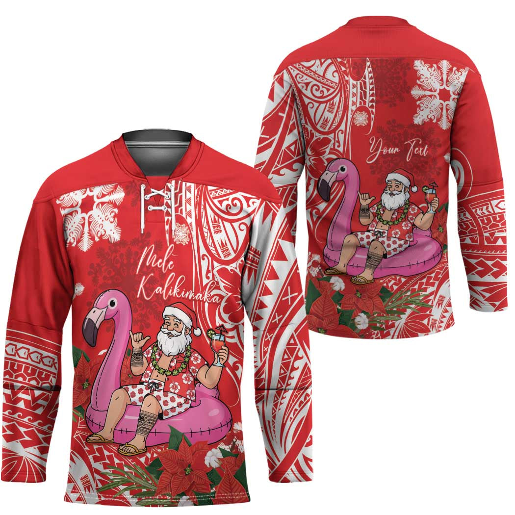 Personalized Hawaii Christmas Hockey Jersey Mele Kalikimaka Chilling Shaka Santa Flamingo - Polynesian Pride