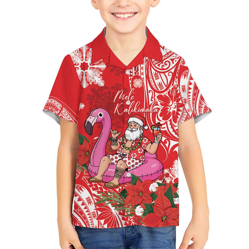Personalized Hawaii Christmas Kid Hawaiian Shirt Mele Kalikimaka Chilling Shaka Santa Flamingo LT14 Kid Red - Polynesian Pride