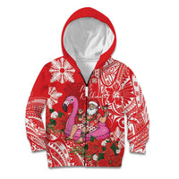 Personalized Hawaii Christmas Kid Hoodie Mele Kalikimaka Chilling Shaka Santa Flamingo LT14 Zip Hoodie Red - Polynesian Pride