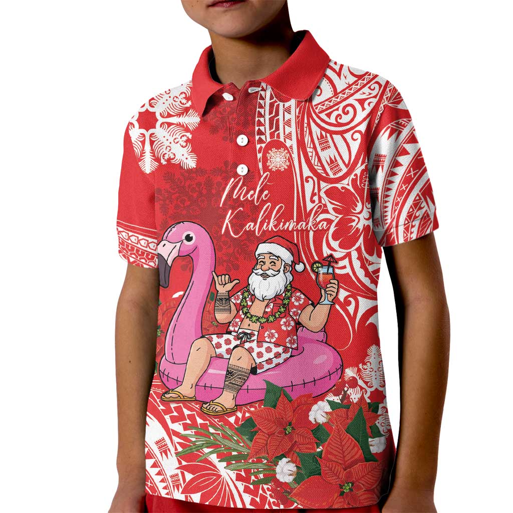 Personalized Hawaii Christmas Kid Polo Shirt Mele Kalikimaka Chilling Shaka Santa Flamingo LT14 Kid Red - Polynesian Pride