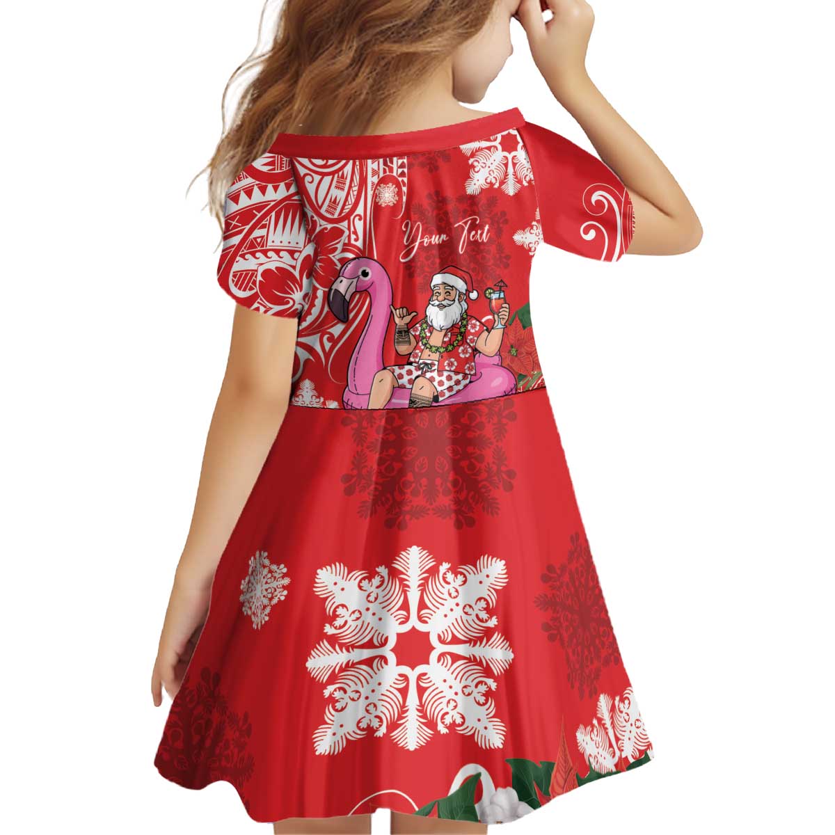 Personalized Hawaii Christmas Kid Short Sleeve Dress Mele Kalikimaka Chilling Shaka Santa Flamingo LT14 - Polynesian Pride