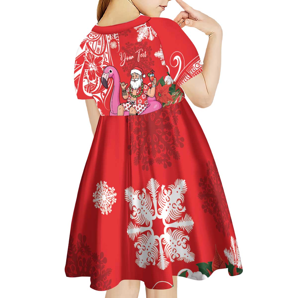 Personalized Hawaii Christmas Kid Short Sleeve Dress Mele Kalikimaka Chilling Shaka Santa Flamingo LT14 - Polynesian Pride