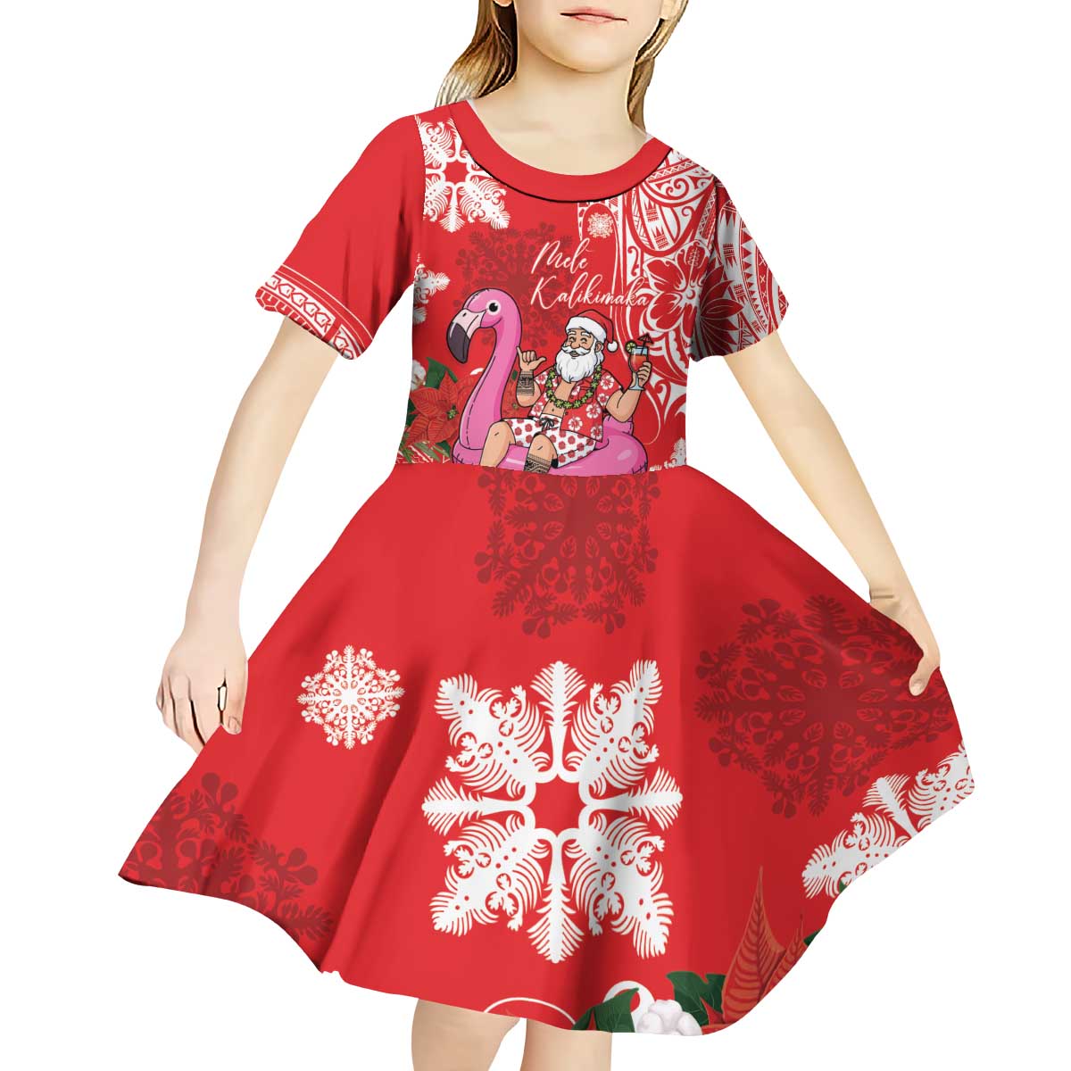 Personalized Hawaii Christmas Kid Short Sleeve Dress Mele Kalikimaka Chilling Shaka Santa Flamingo LT14 - Polynesian Pride