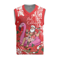 Personalized Hawaii Christmas Knitted V-Neck Vest Mele Kalikimaka Chilling Shaka Santa Flamingo LT14 Red - Polynesian Pride
