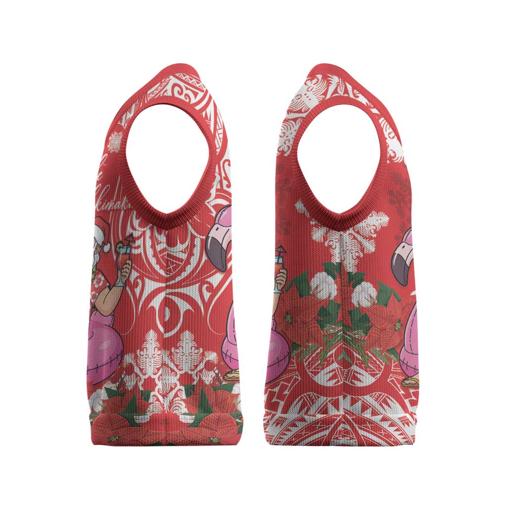 Personalized Hawaii Christmas Knitted V-Neck Vest Mele Kalikimaka Chilling Shaka Santa Flamingo LT14 - Polynesian Pride