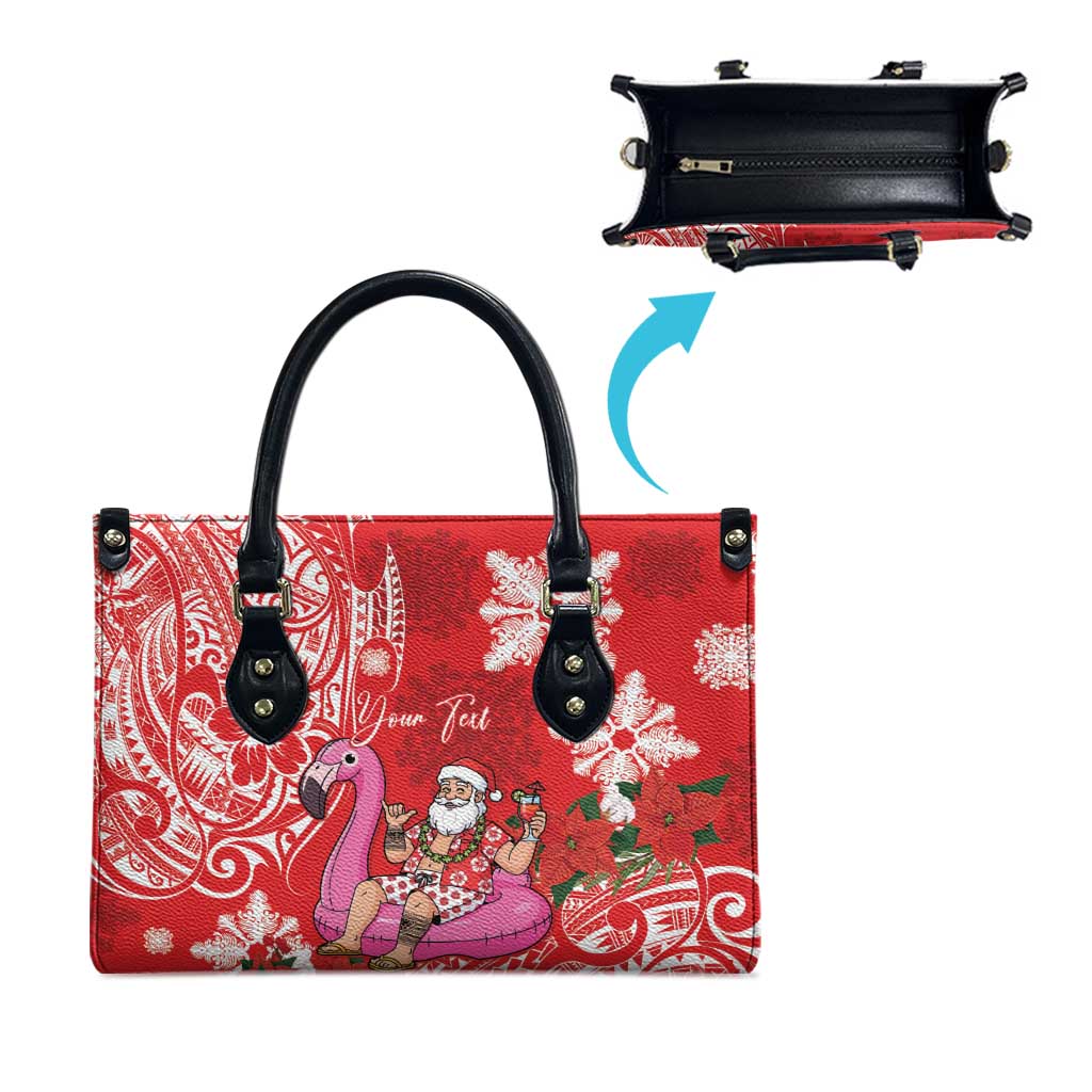 Personalized Hawaii Christmas Leather Bag Mele Kalikimaka Chilling Shaka Santa Flamingo - Polynesian Pride